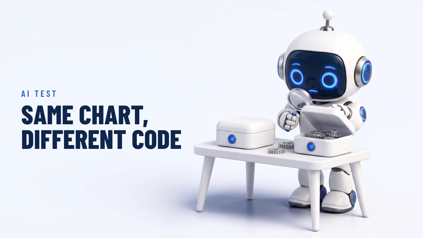 The RoboXpert robot looks with a magnifying glass into one of two identical white boxes on a table; the open box shows silver gears. Headline: “Same chart, different code”
