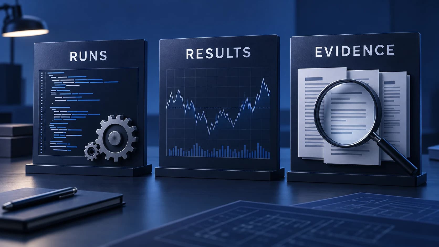Conceptual panels separating running software, results and inspected evidence.