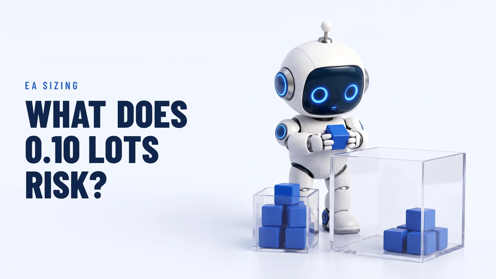 The RoboXpert robot holds a blue cube behind a small and a large clear box that contain similar piles of blue cubes. Headline: “What does 0.10 lots risk?”