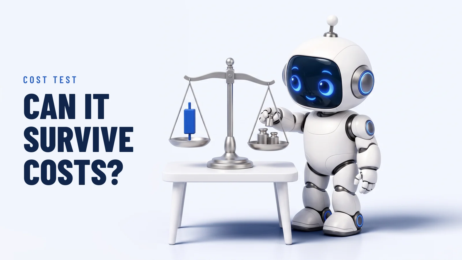 The RoboXpert robot adds a small silver weight to one pan of a balance scale; a blue candlestick block stands on the other pan. Headline: “Can it survive costs?”