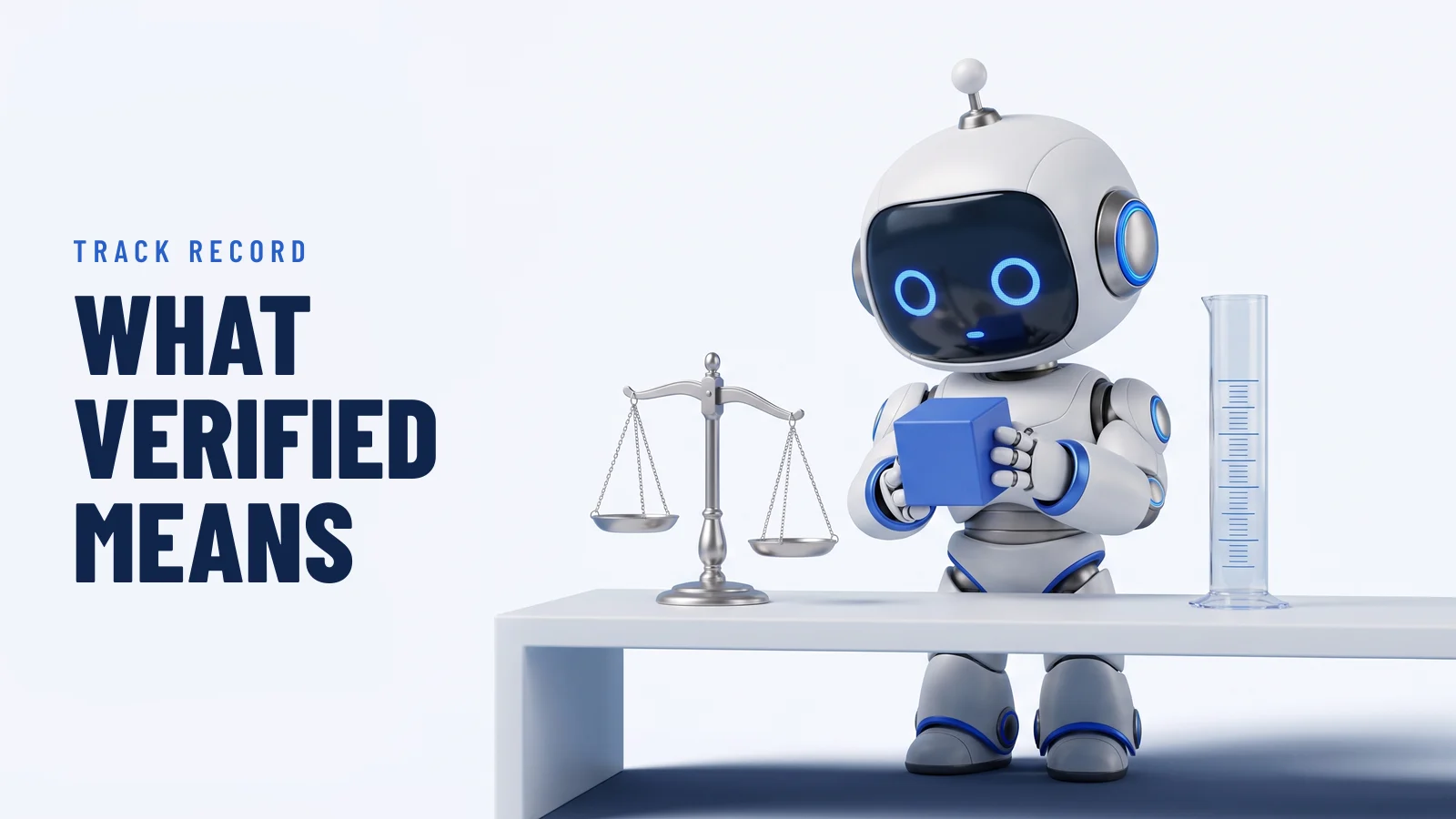 The RoboXpert robot holds one blue cube behind a white table with two measuring instruments, a silver balance scale and a clear measuring cylinder. Headline: “What verified means”