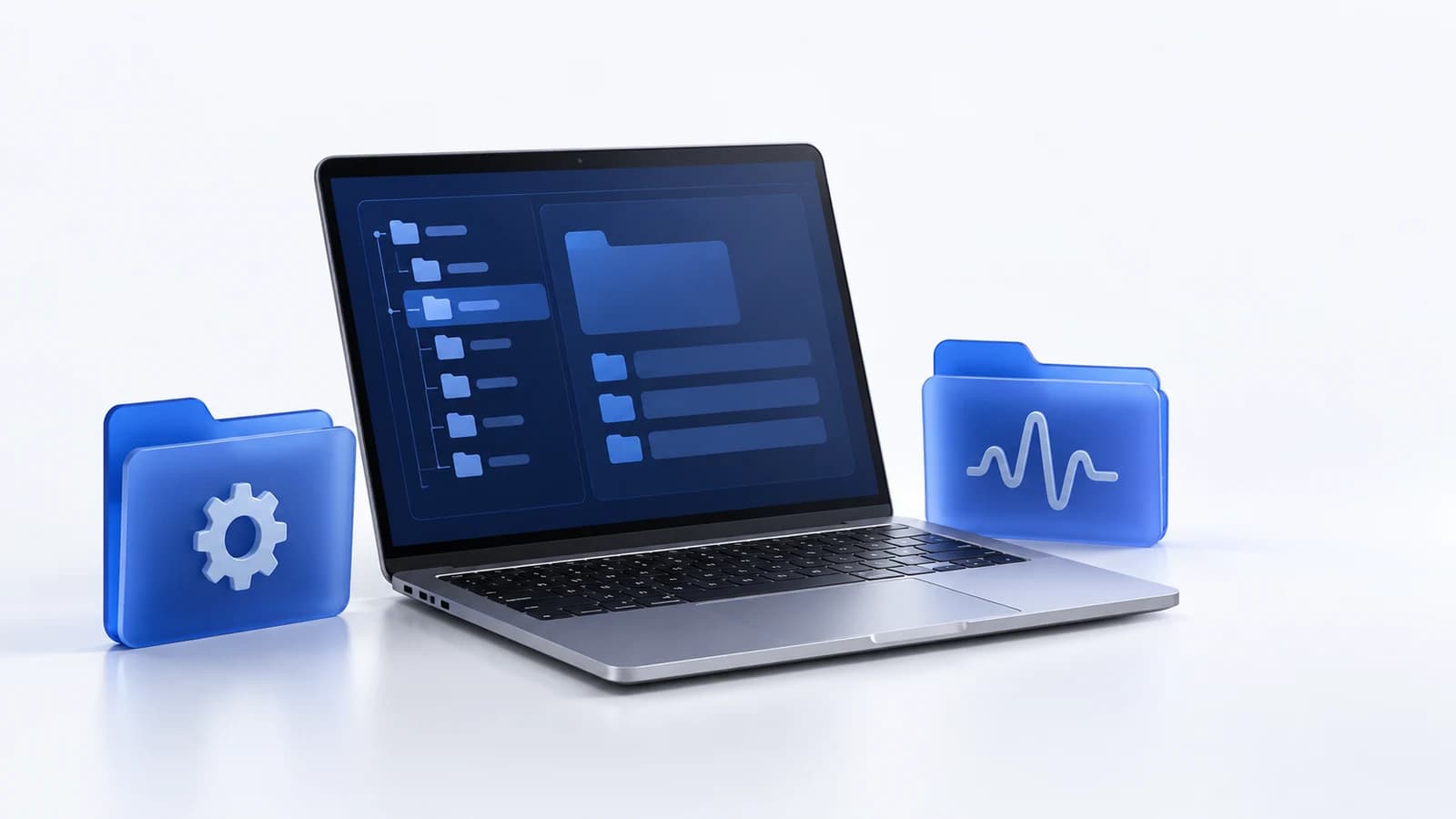 Illustration of a silver laptop with blue folders representing Expert Advisors and indicators.