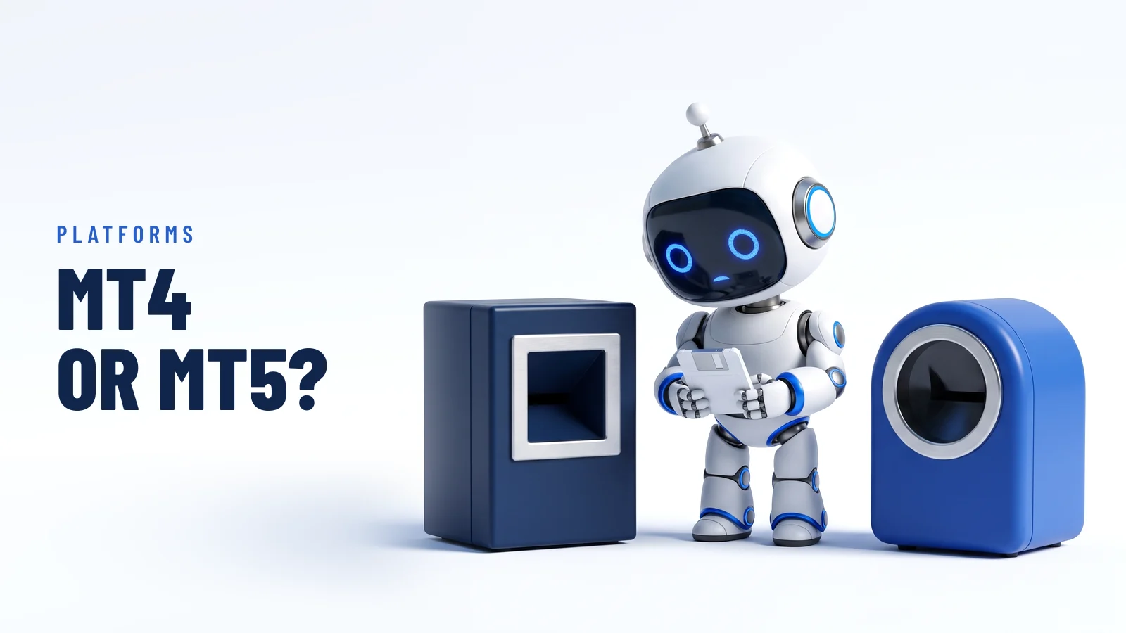 The RoboXpert robot stands between a boxy navy machine with a square slot and a rounded blue machine with a round slot, holding a cartridge. Headline: “MT4 or MT5?”