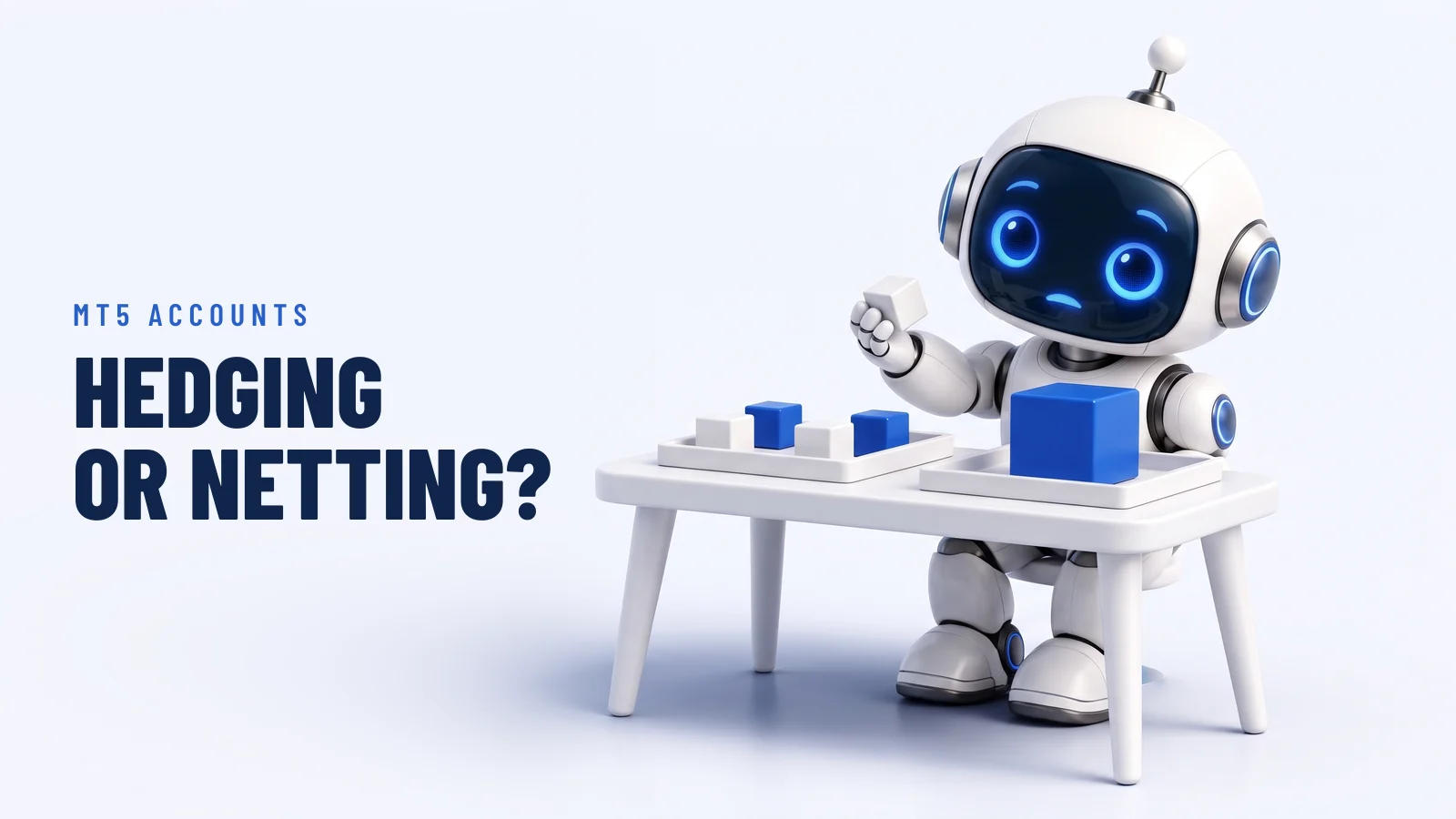 The RoboXpert robot holds one white cube above two trays: one with several separate small blocks, one with a single large blue block. Headline: “Hedging or netting?”