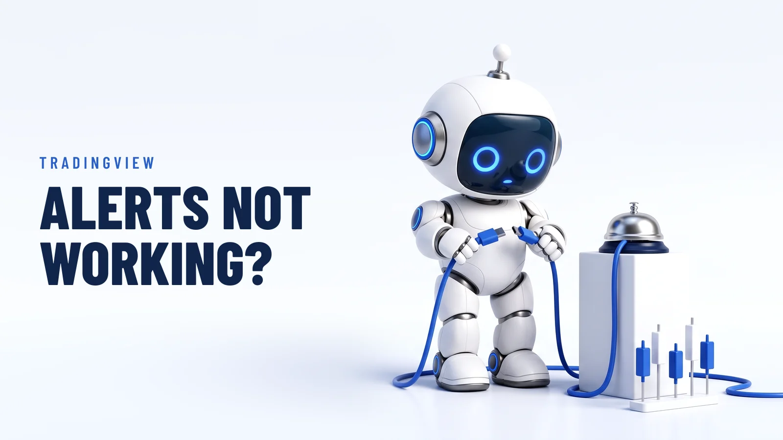 The RoboXpert robot holds two unplugged blue cable ends next to a desk bell on a pedestal and a small row of candlestick blocks. Headline: “Alerts not working?”