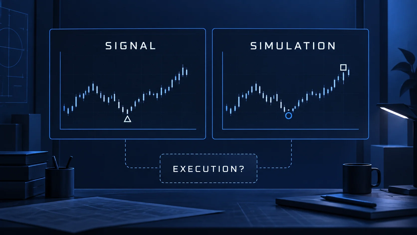 Conceptual signal and simulation panels with a separate execution question.