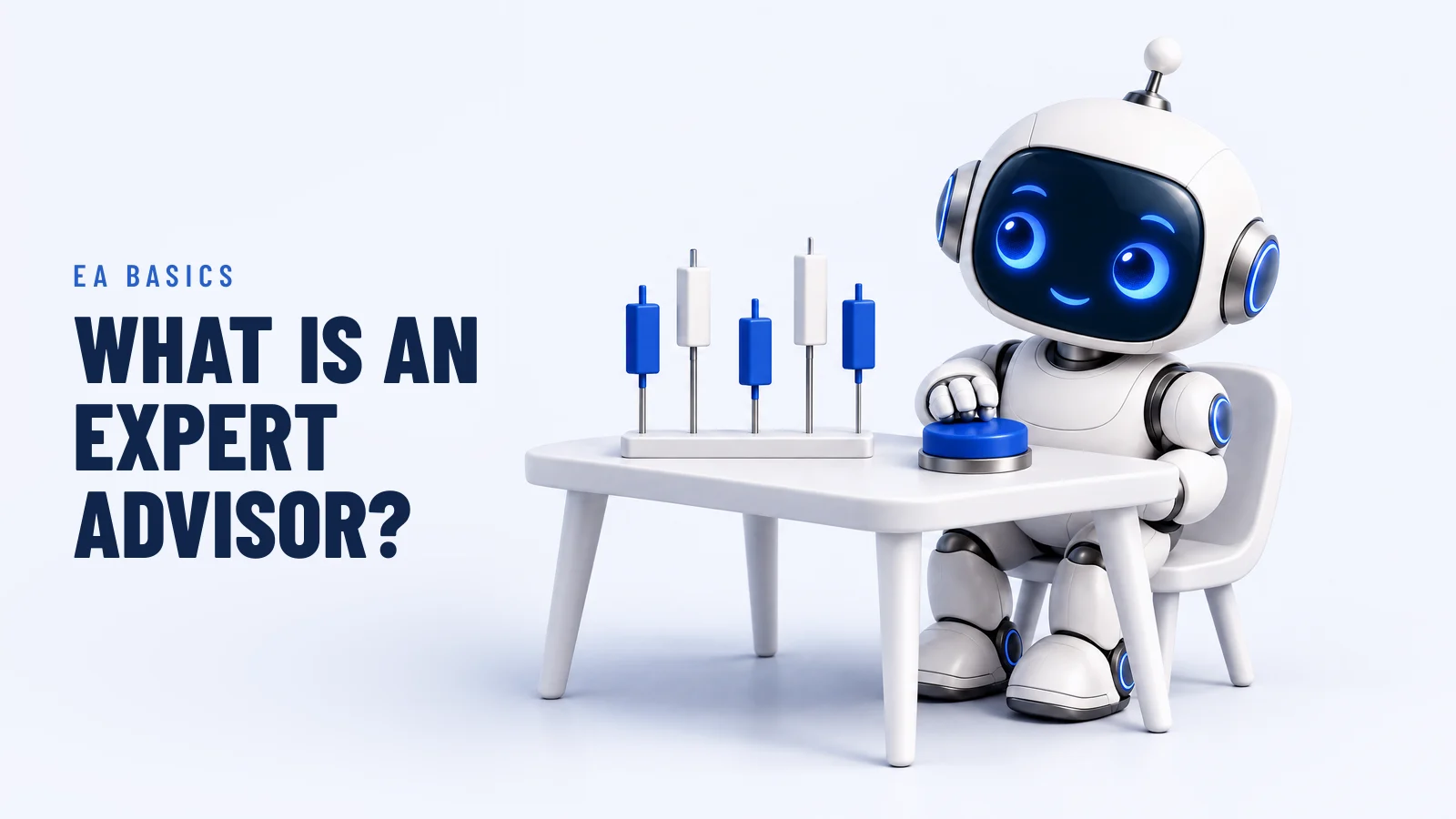 The RoboXpert robot sits at a small white desk with one hand on a large blue button, facing a row of blue and white candlestick blocks. Headline: “What is an Expert Advisor?”